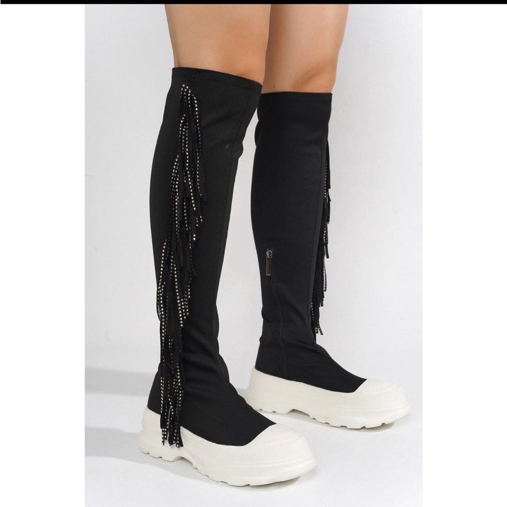 Womens Cape Robbin Boots Aretha Sz 9 Black/White Rhinestone High Chunky Lug Sole